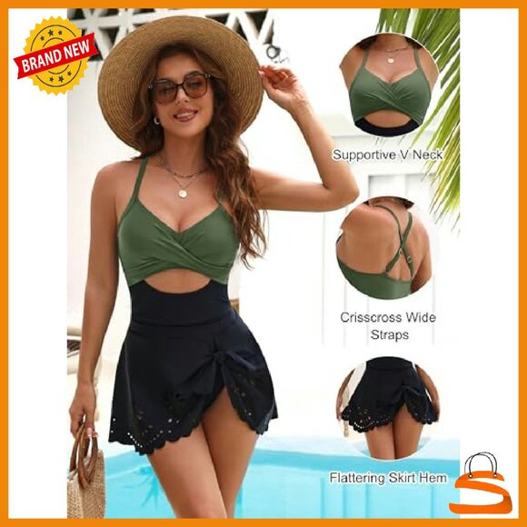 Tummy Control One Piece Swimsuit with Detachable Skirt, Cutout Design - Picture 5 of 8